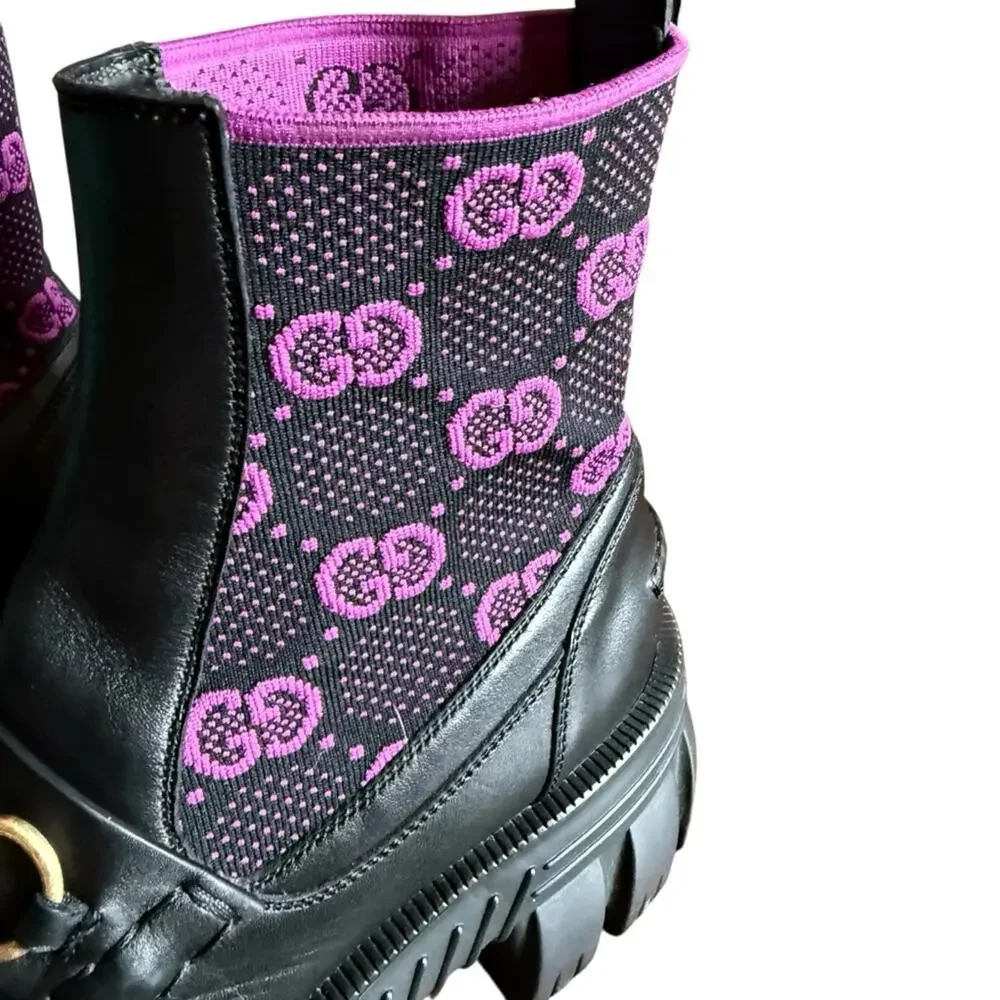 Gucci Quebec Leather Technical GG Monogram Horsebit Ankle Boots EU 38 US 8